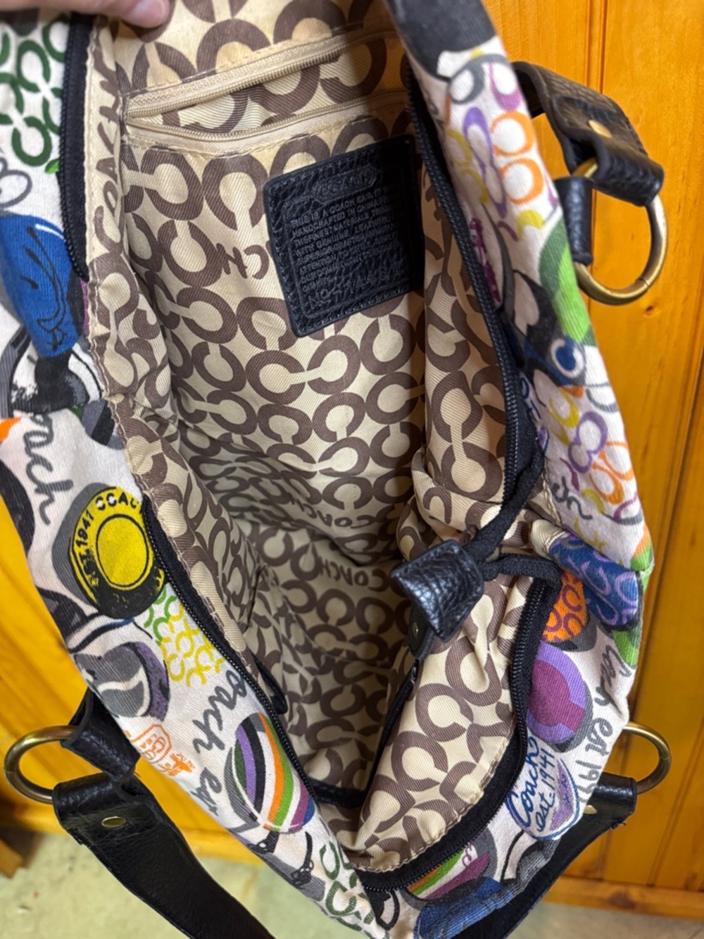 Vintage Coach Like Multicolor Logo Dot Canvas Tote with Black Leather Handles - Picture 12 of 12